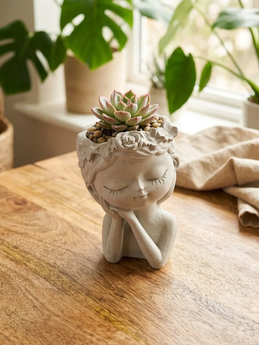 Maceta artesanal de cemento con rostro de niña y corona de flores, con una suculenta plantada