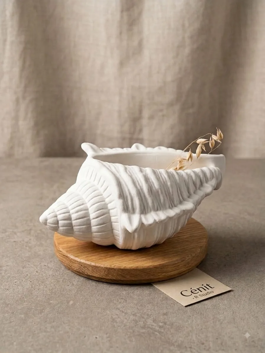 Jarrón caracol de cemento blanco con textura tallada sobre base de madera