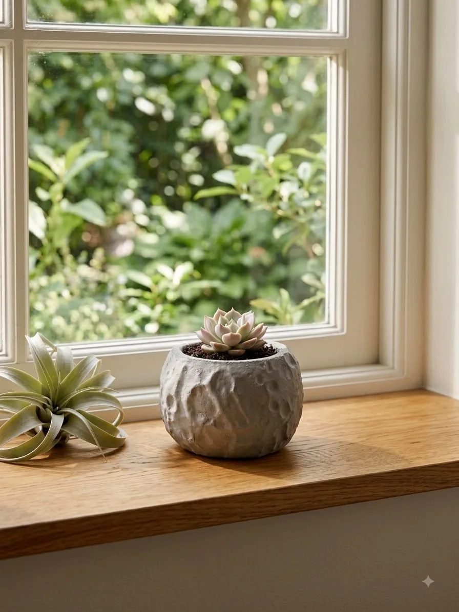 Maceta Cráter Lunar de cemento con textura de cráteres y una suculenta junto a una ventana