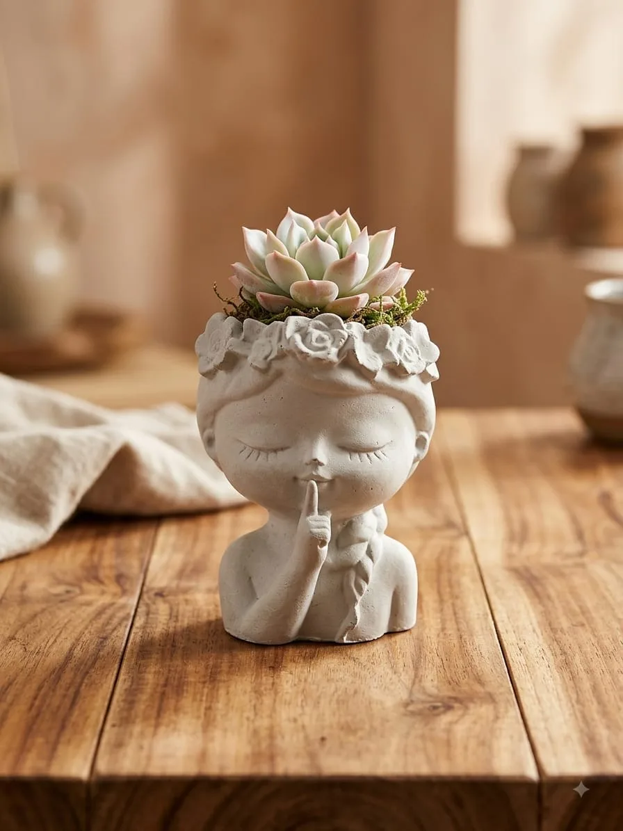 Figura Silencio de cemento con gesto de silencio y una suculenta plantada