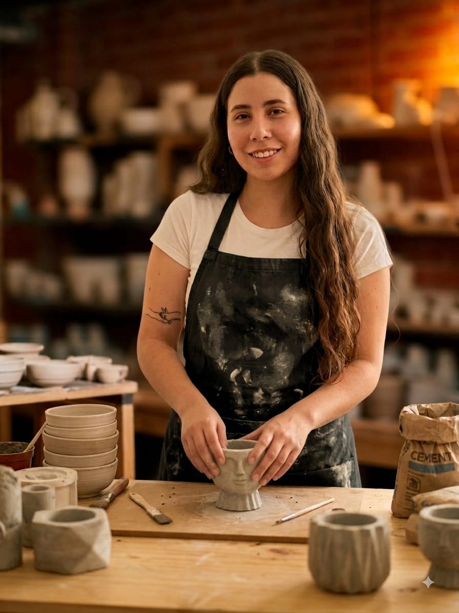 Artesana sonriente trabajando una pieza de cemento en el taller de Cénit.R Studio, con herramientas y piezas al fondo