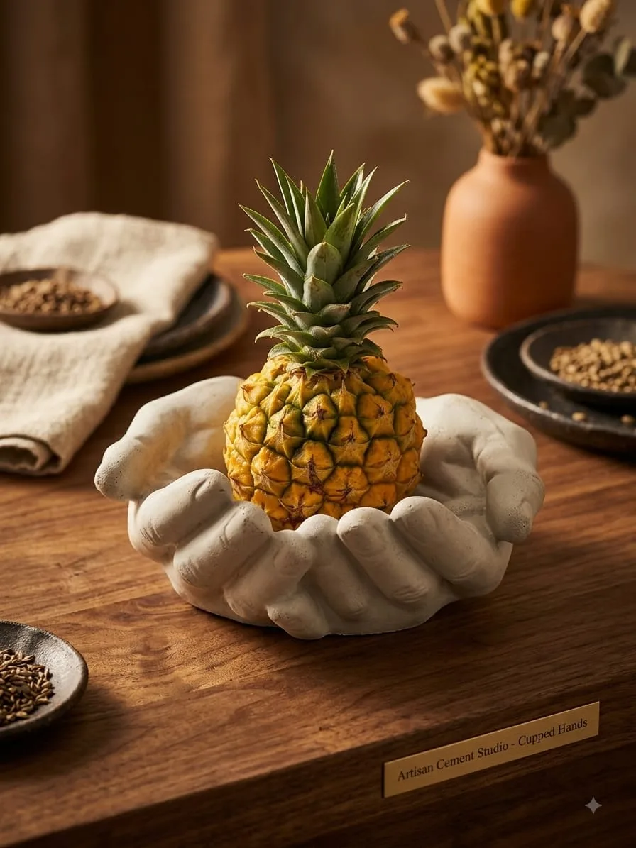 Figura de cemento en forma de manos ahuecadas sosteniendo una piña sobre mesa de madera