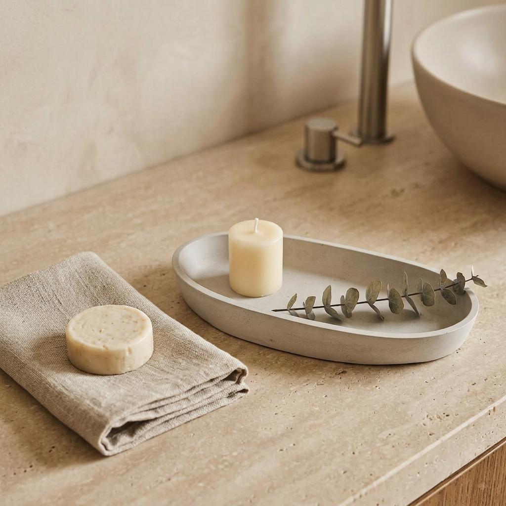 Porta incienso Brisa de cemento con vela y eucalipto sobre el lavabo del baño