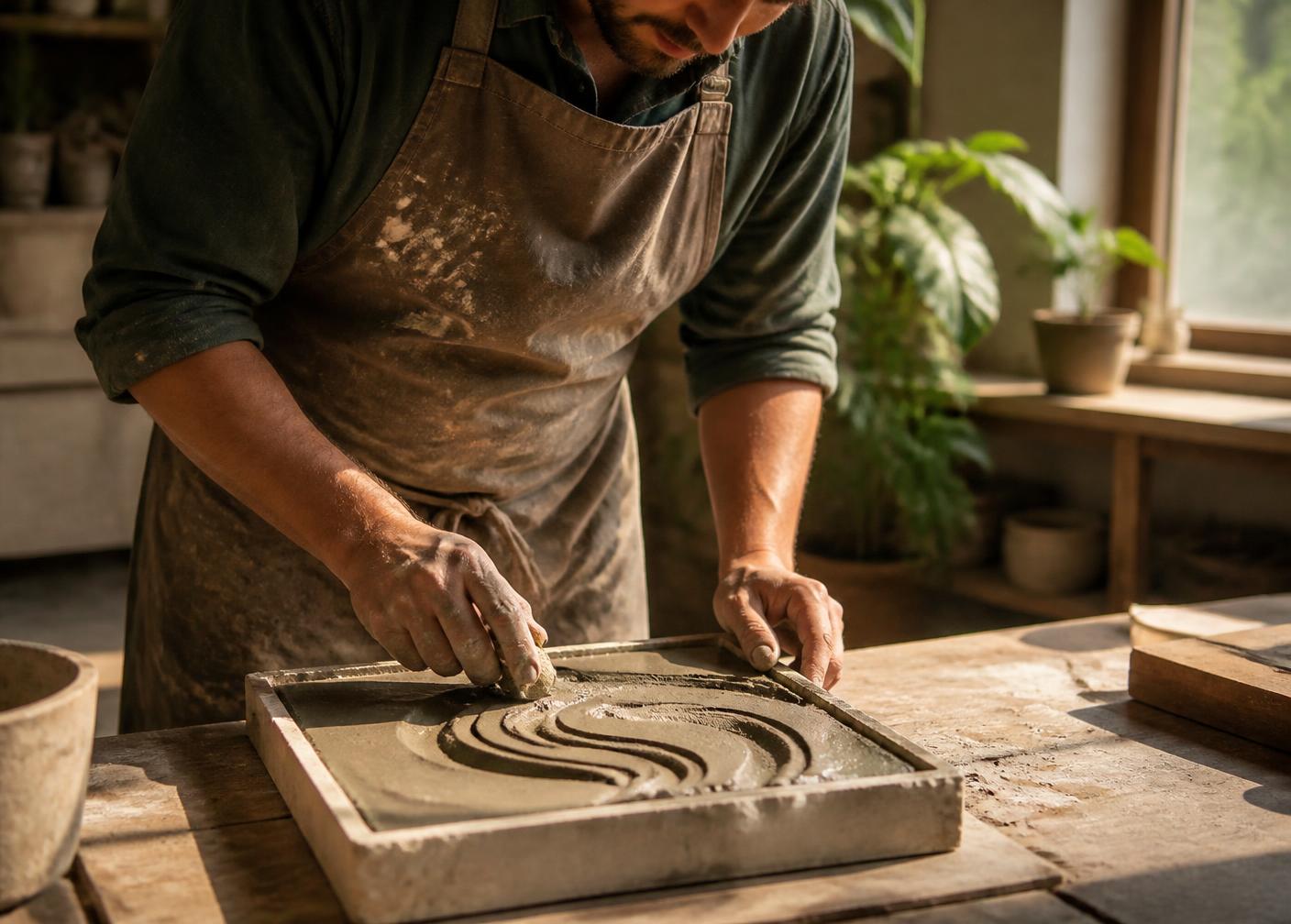 Artesano trabajando el cemento en un taller con luz natural